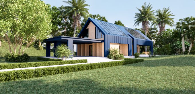 Solar panels on the roof of the modern house,Harvesting renewable energy with solar cell panels,Exterior design,3d rendering