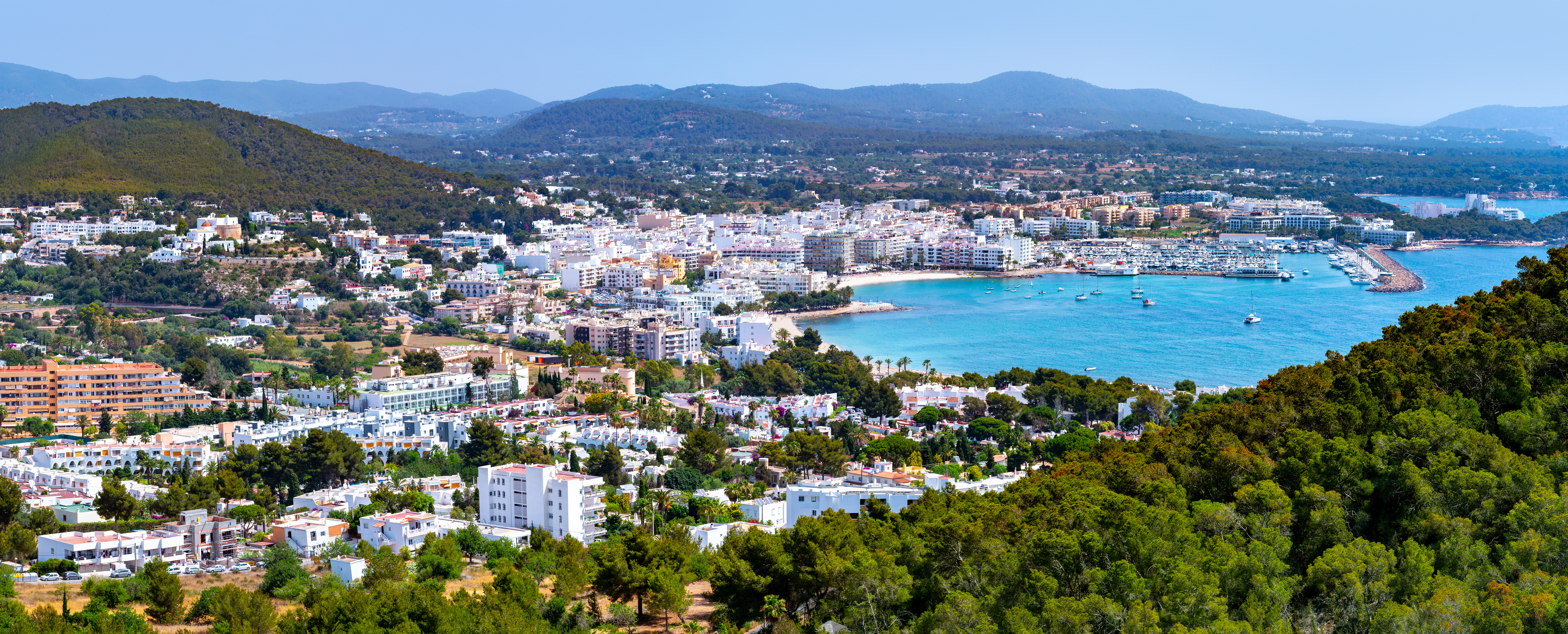 Santa Eulalia Eularia des Riu skyline Ibiza at Balearic Islands