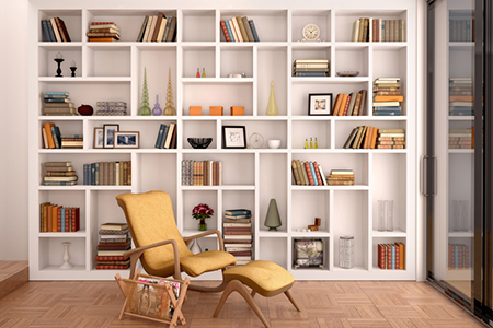 3d illustration of white shelves for decoration and a library in the interior