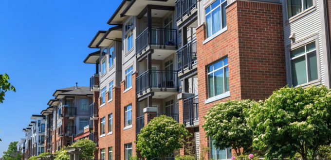 Modern apartment buildings in Richmond, British Columbia, Canada.